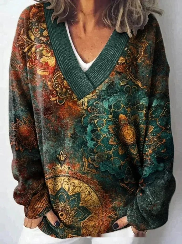 Women's retro V-neck sweatshirt with a detailed 3D floral pattern print in a choice of colours.
