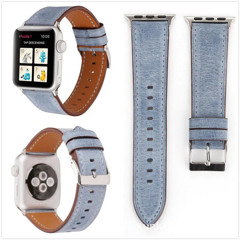Leather watch strap with folding buckle shown in multiple colour options.