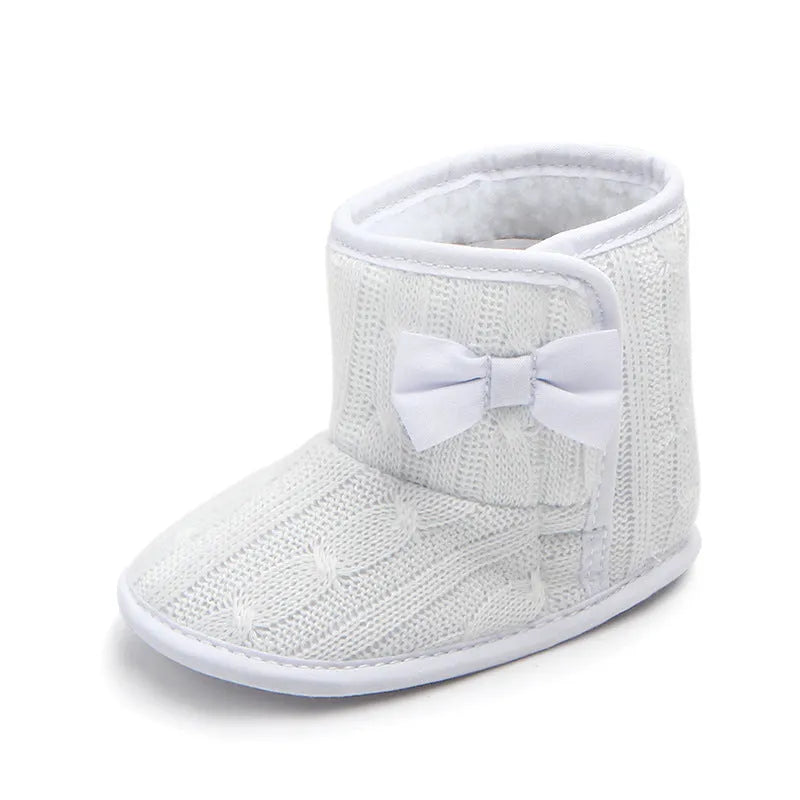 Wool knitted winter baby toddler shoes with bowknot in coffee colour 11cm sole