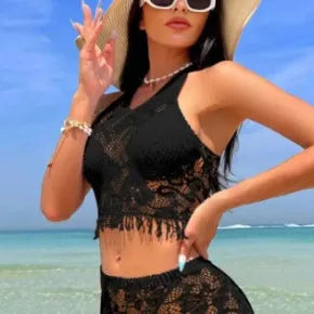 Women's white two-piece swimsuit with tassel skirt beach cover-up