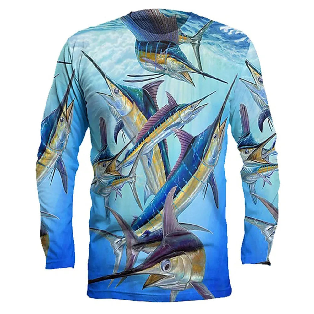 Men's grey long-sleeved pullover with a printed fish design on the chest, showing round neck and casual fit.