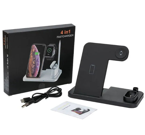 Black 4-in-1 wireless charger with magnetic phone stand charging an iPhone, Apple Watch, and AirPods.