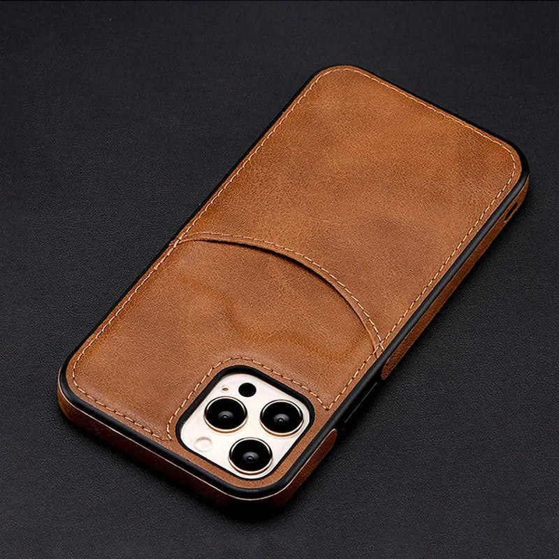 Dark blue PU leather protective case for an iPhone, showing precise model fit.