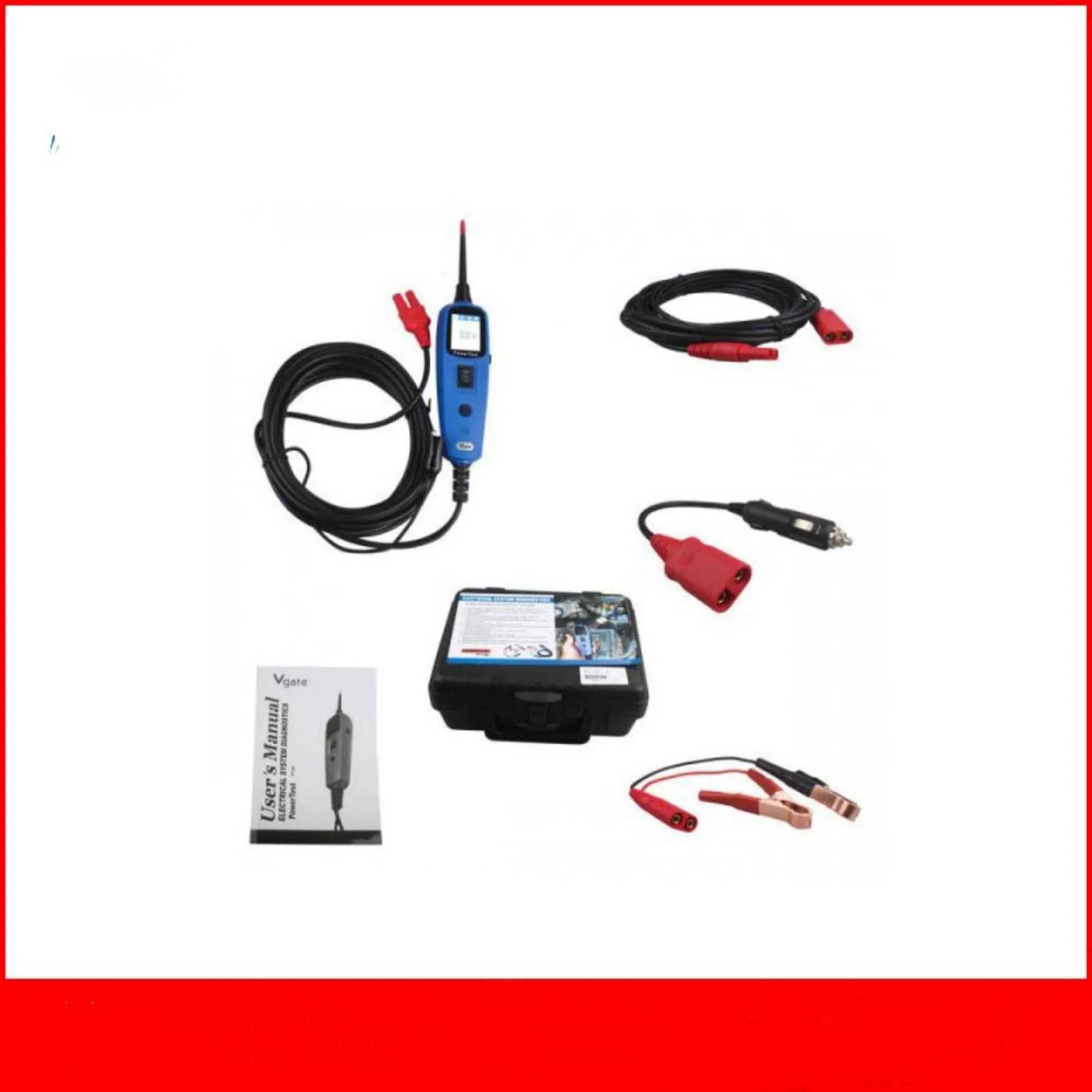 Blue PowerTest PT150 automotive circuit test pen with TFT screen, probe tip, cable, clips, and rugged case.