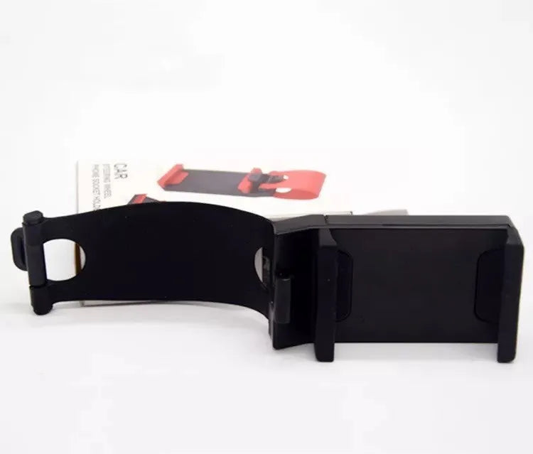 Black car steering wheel mobile phone holder made of ABS plastic, showing its 75mm width