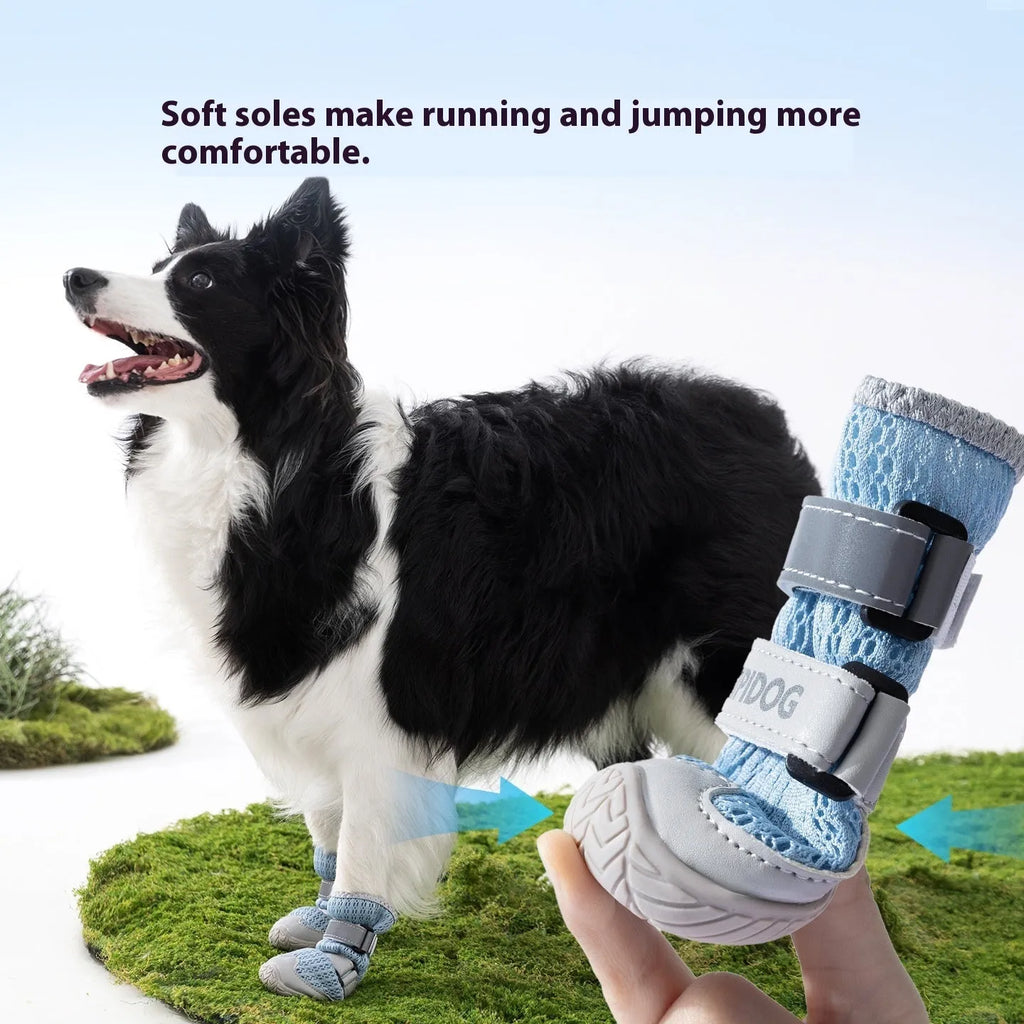 Blue and green cartoon-style breathable dog shoes for summer on a white background.
