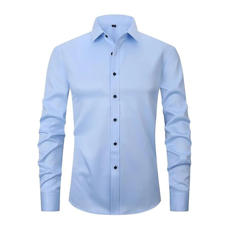 Man wearing a solid-colour stretch long sleeve work shirt made from polyester fabric.