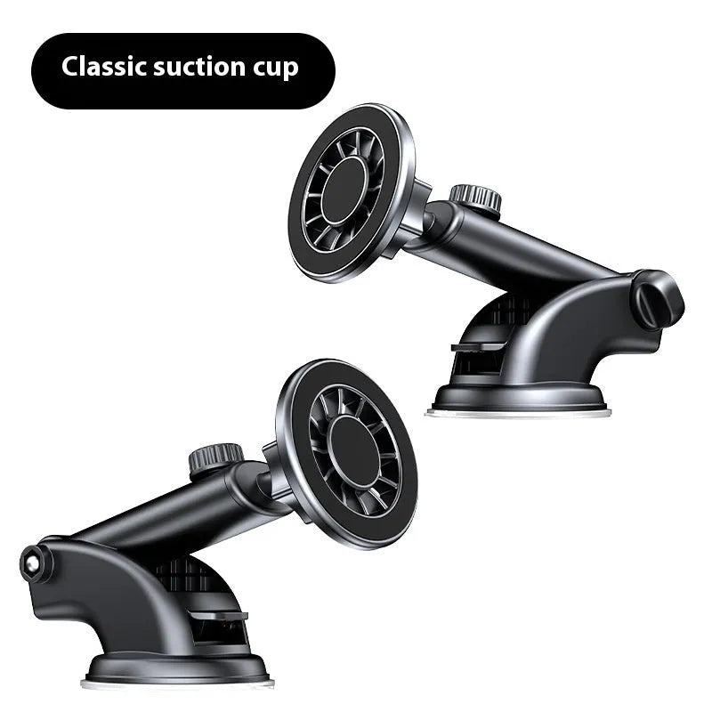 Magnetic car phone holder with suction cup mounted on dashboard air vent showing a smartphone attached