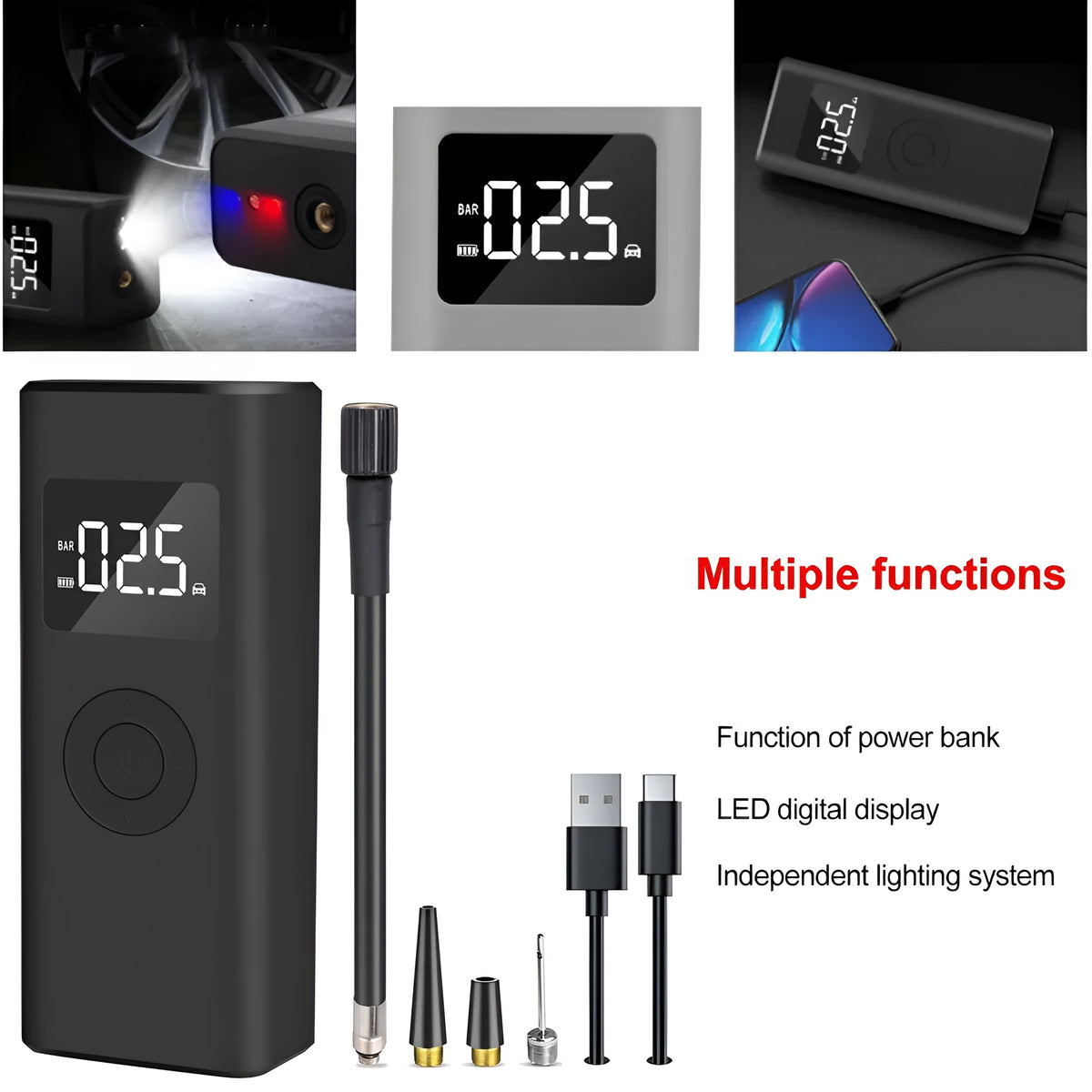 Portable 2500mAh wireless electric air pump with emergency light and USB-A output in black ABS housing