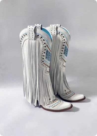 Retro embroidered slip-on tassel boots for women with chunky heel in white