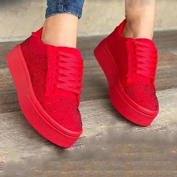 Plus size women's casual shoes with rhinestones, thick rubber soles, and front lace-up design in four colours