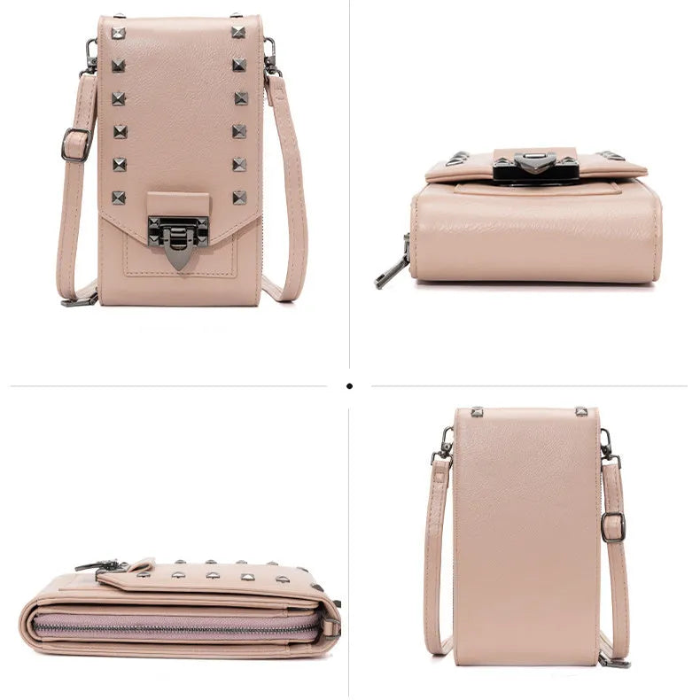 Rivet design solid colour crossbody bag for women in pink with vertical square shape and medium-long strap