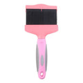Double-sided blue pet grooming brush with stainless steel pins on one side and soft plastic bristles on the other.