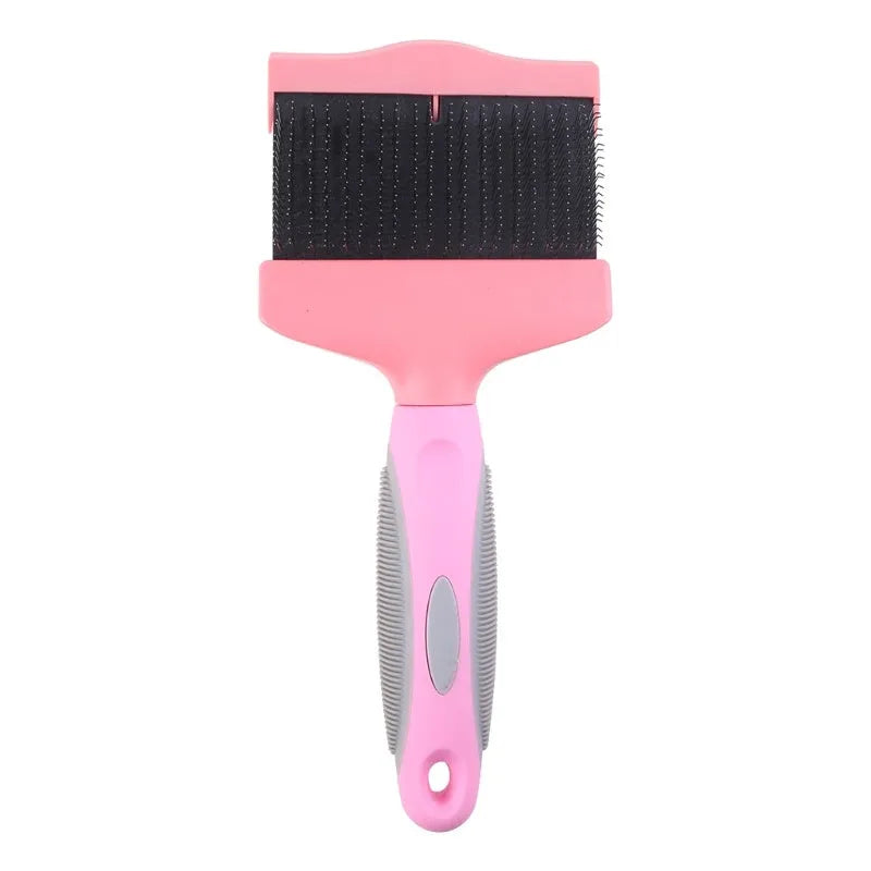 Double-sided blue pet grooming brush with stainless steel pins on one side and soft plastic bristles on the other.
