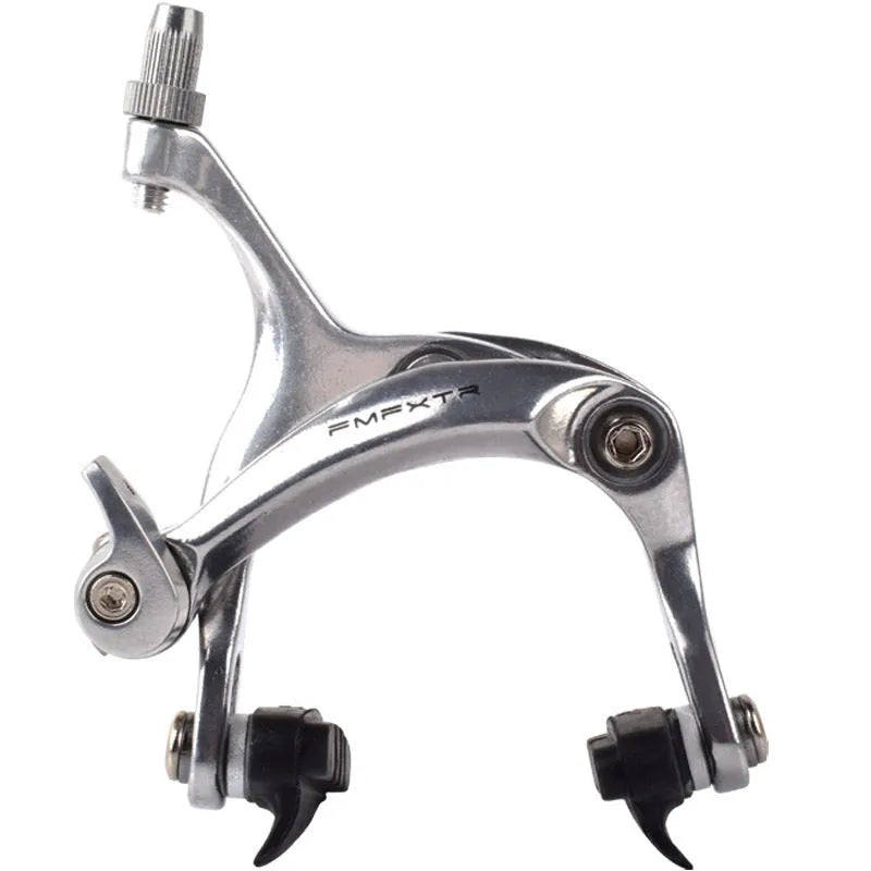 Black and silver U-shaped metal bicycle brake clamps with mounting screws for road bike installation.
