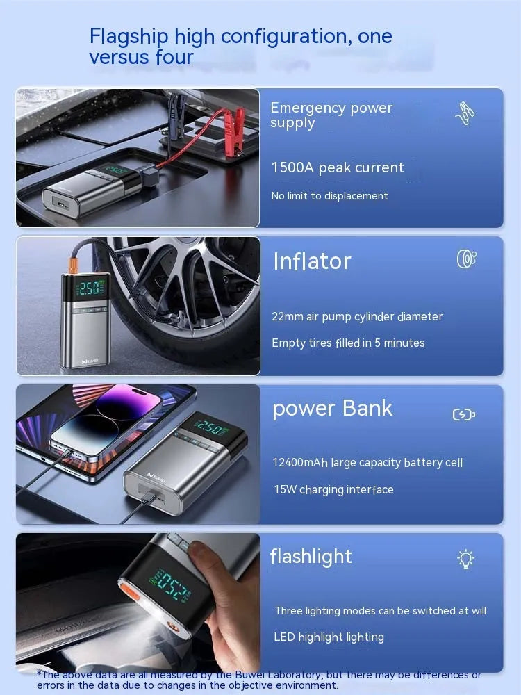 Aluminium alloy car jump starter power bank with EVA case, battery clips, and air nozzle