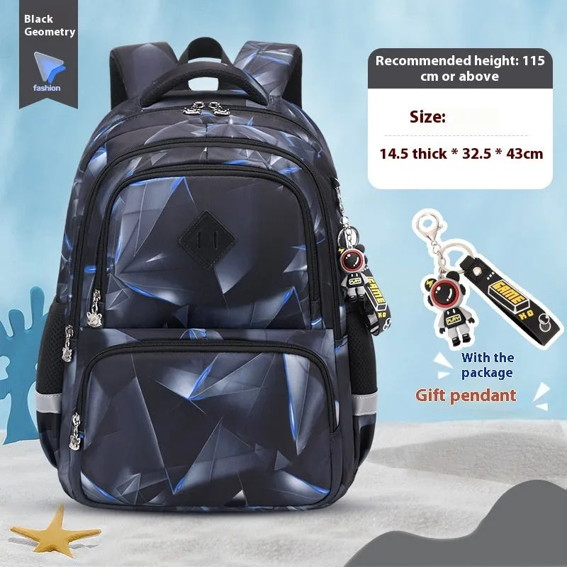 Children's Oxford cloth school backpack in a dinosaur pattern, showing curved straps and spine protection design.