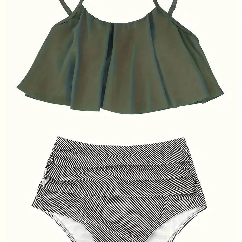Women's conservative split swimsuit with high-waisted ruffled briefs in polyester fabric