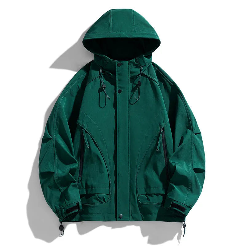 Loose fit rabbit fur hooded jacket in duck shit green with zipper pockets and long sleeves.
