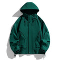 Loose fit rabbit fur hooded jacket in duck shit green with zipper pockets and long sleeves.