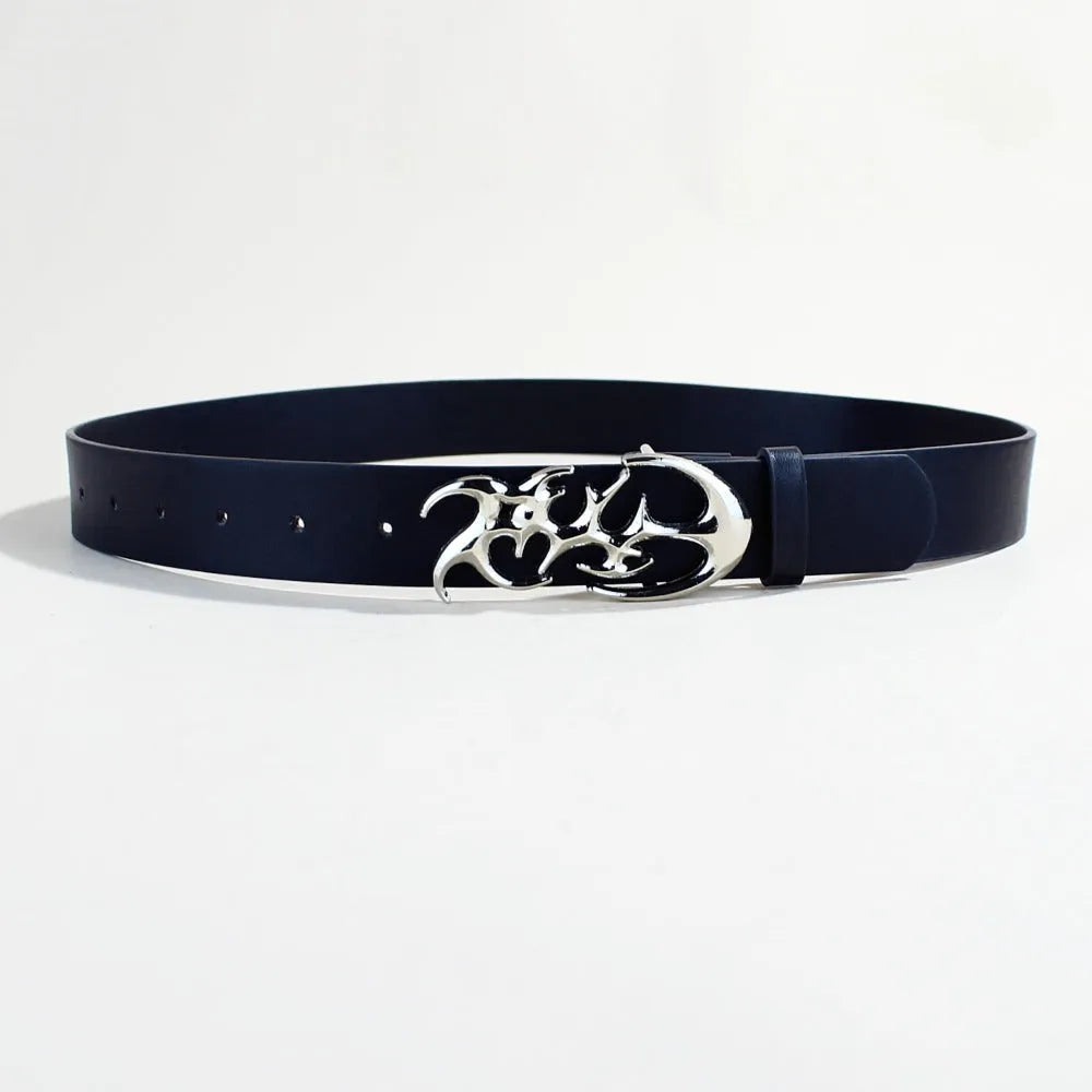 Casual PU leather belt with silver alloy buckle and snap button closure in 105cm length