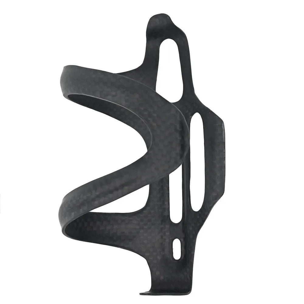Black all-carbon fibre side-pull bicycle water bottle cage with 65mm mounting holes.
