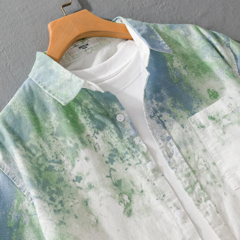 Mens grey hanging dyed pure cotton short-sleeved shirt with loose cardigan style on hanger