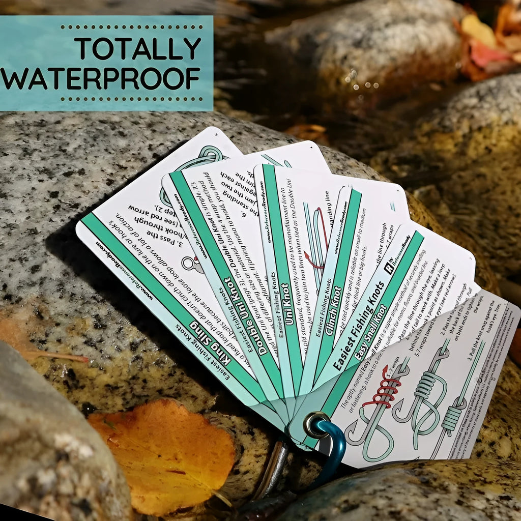 Set of five metal fishing knot diagram cards with clear knot illustrations