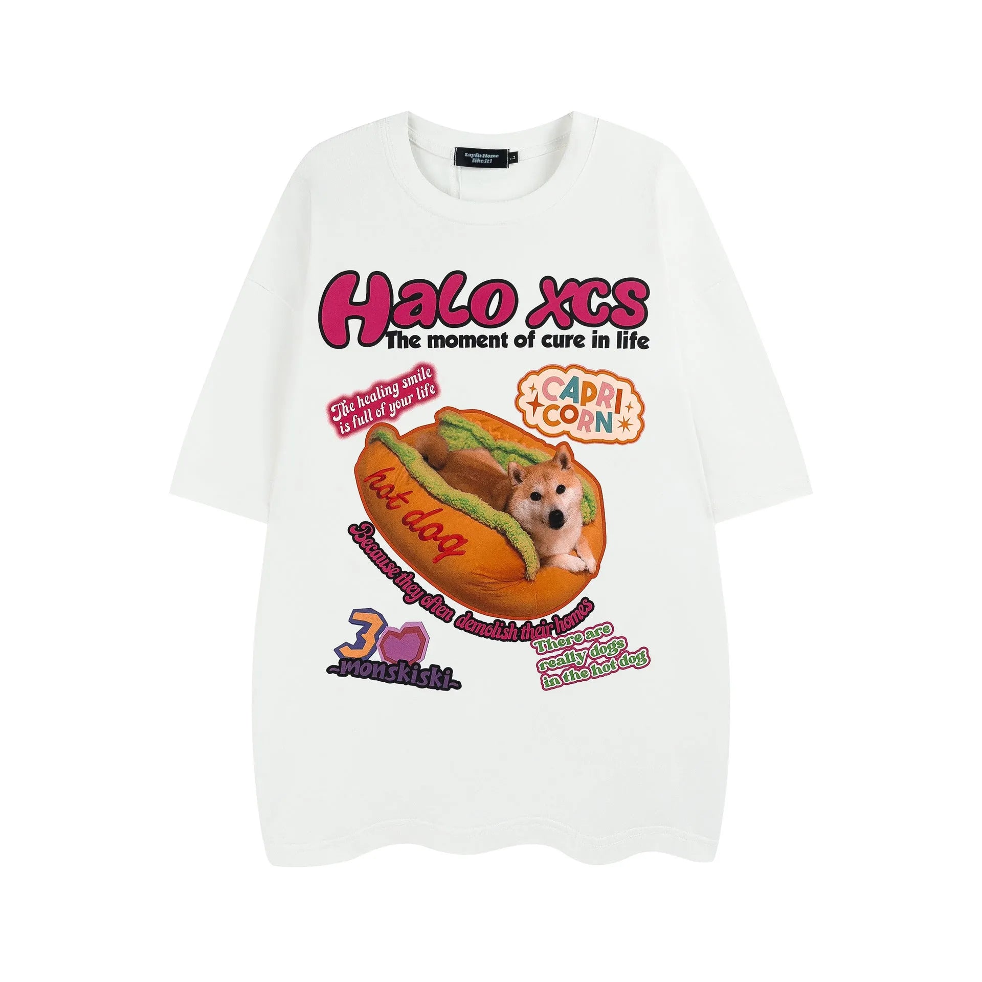 Cartoon hamburger dog printed loose fit cotton T-shirt in white, apricot, or sky blue.