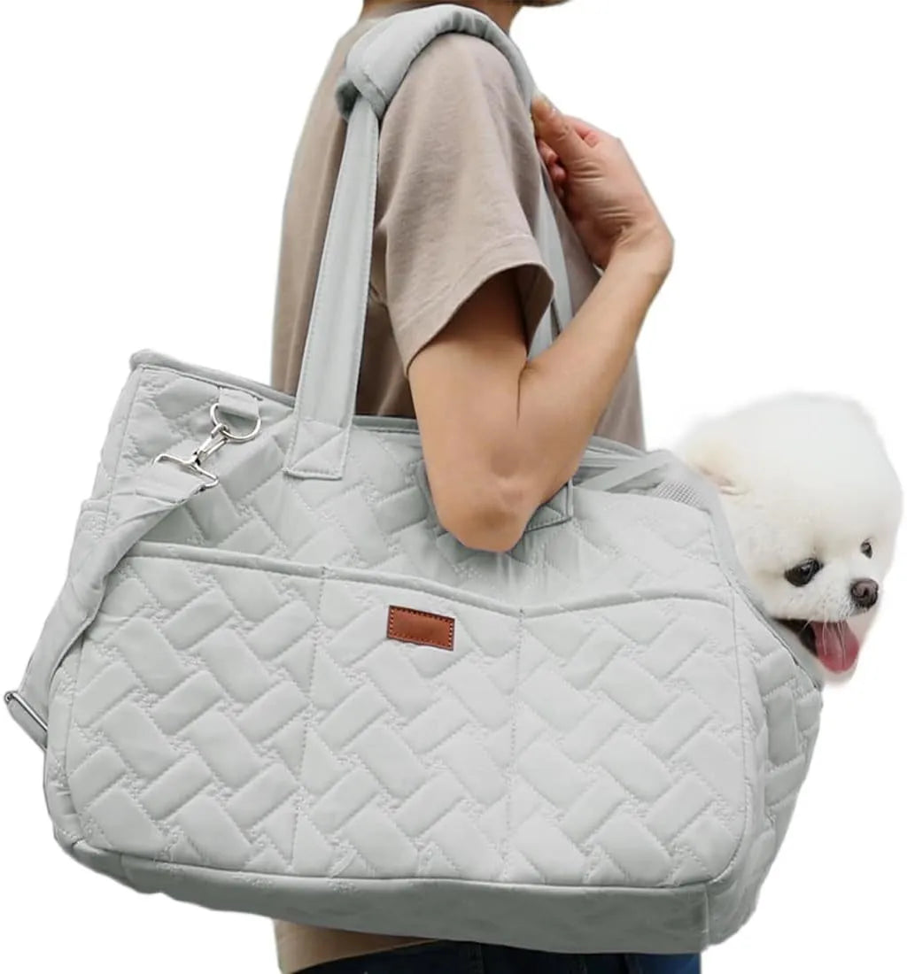 Grey pet carrier handbag with mesh windows and a safety strap, shown in a casual setting.