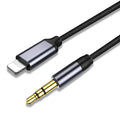 Silver nylon audio cable with 3.5mm connectors for car use on a grey background.