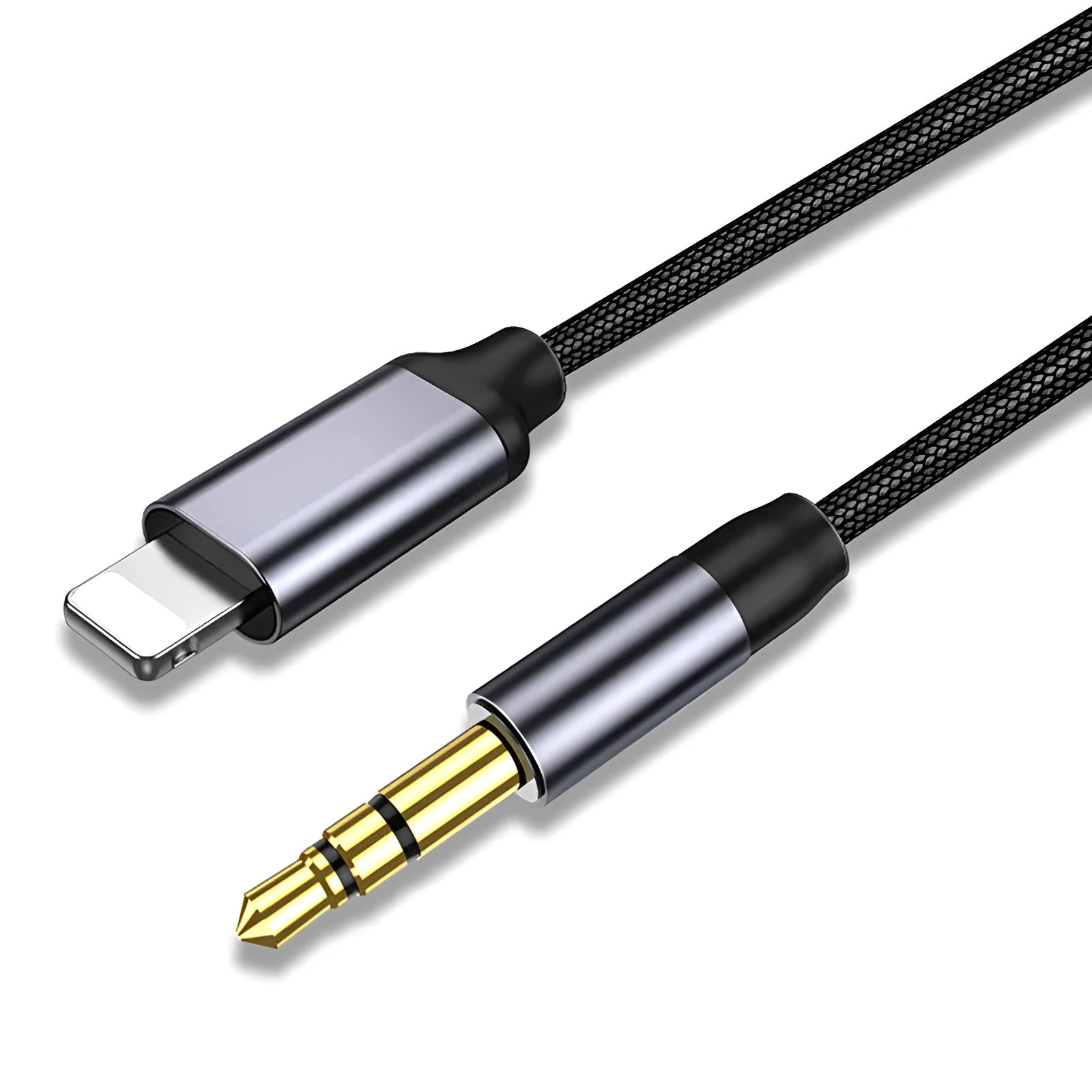 Silver nylon audio cable with 3.5mm connectors for car use on a grey background.