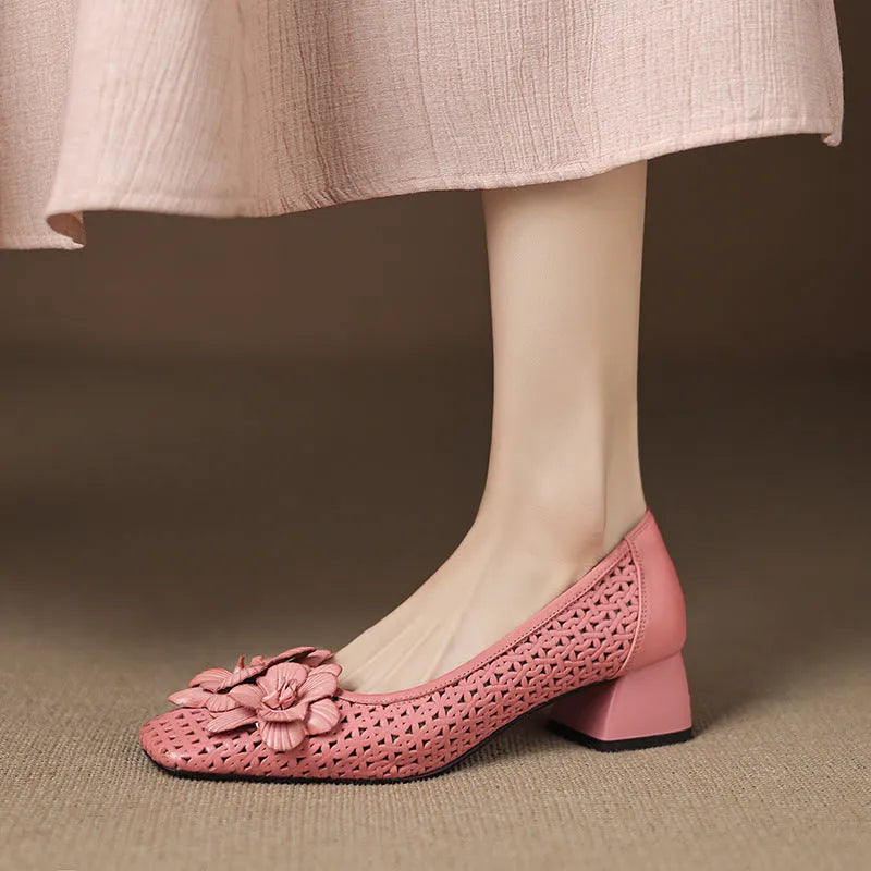 Light brown women's hollow pumps with a woven leather upper and a mid heel.