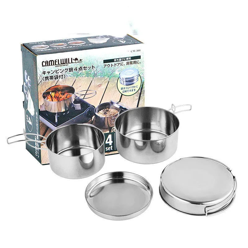 Silver stainless steel camping cookware set with 4 round pots for 2-3 person outdoor cooking