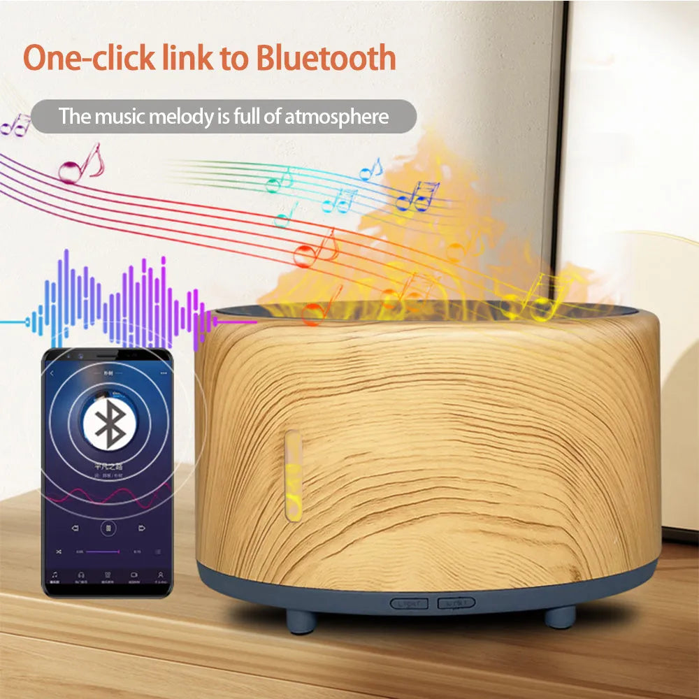 Flame humidifier aromatherapy machine with Bluetooth remote control showing LED flame effect