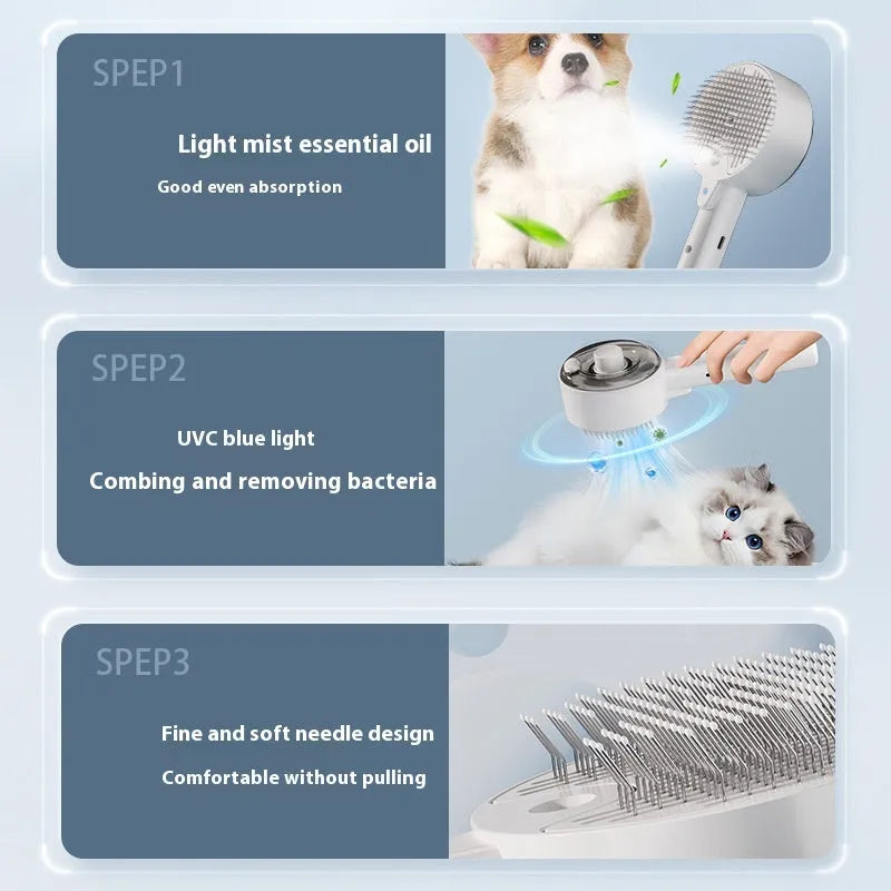 Ceramic white pet grooming brush with steam mist function and UV light for dogs and cats