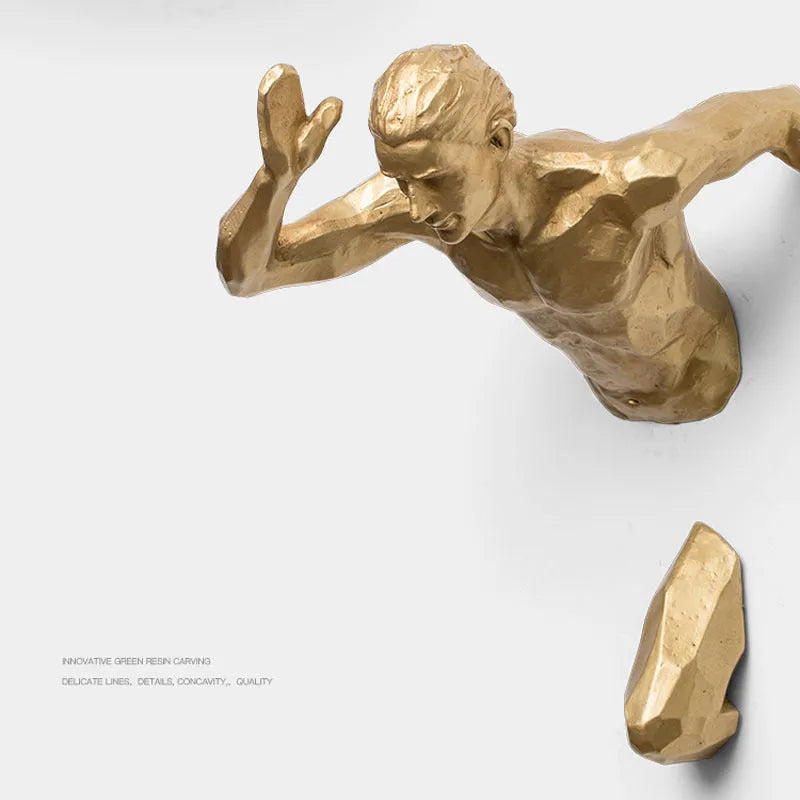 Metallic resin character sculpture wall hanging in copper, gold, or silver finish, showing left and right orientation options.