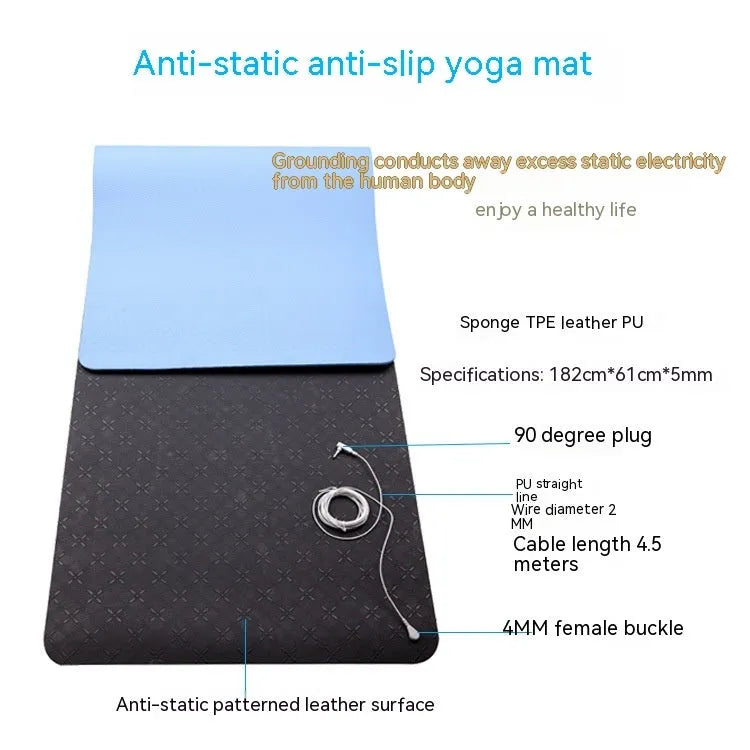 Blue yoga mat with plant patterns, showing grounding wire and non-slip texture.
