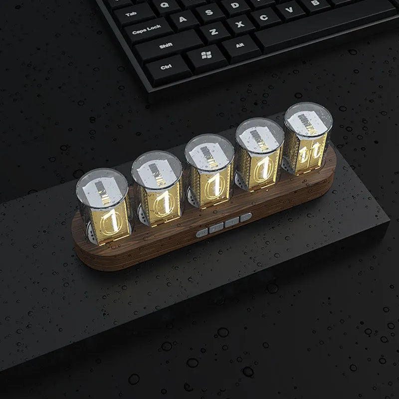 RGB LED digital tube clock showing time display with colourful lighting on desktop