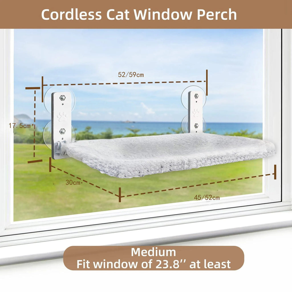 Cordless cat window perch on glass with stainless steel frame and gray plush fabric hammock