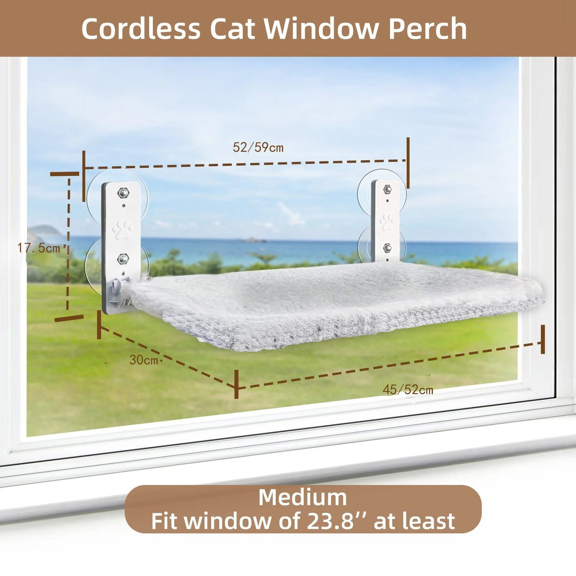 Cordless cat window perch on glass with stainless steel frame and gray plush fabric hammock