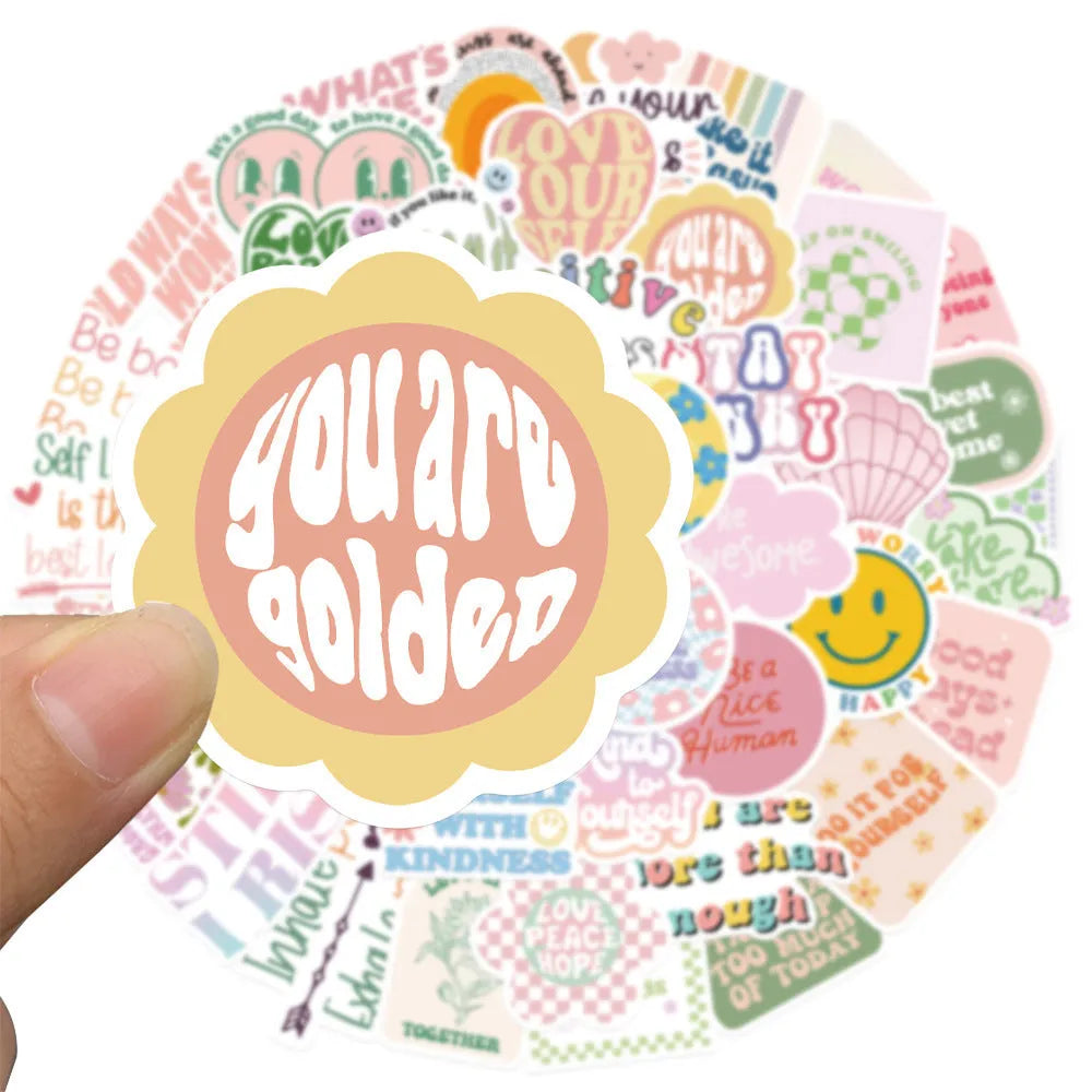 Danish pink motivational statement stickers with graffiti and cartoon patterns
