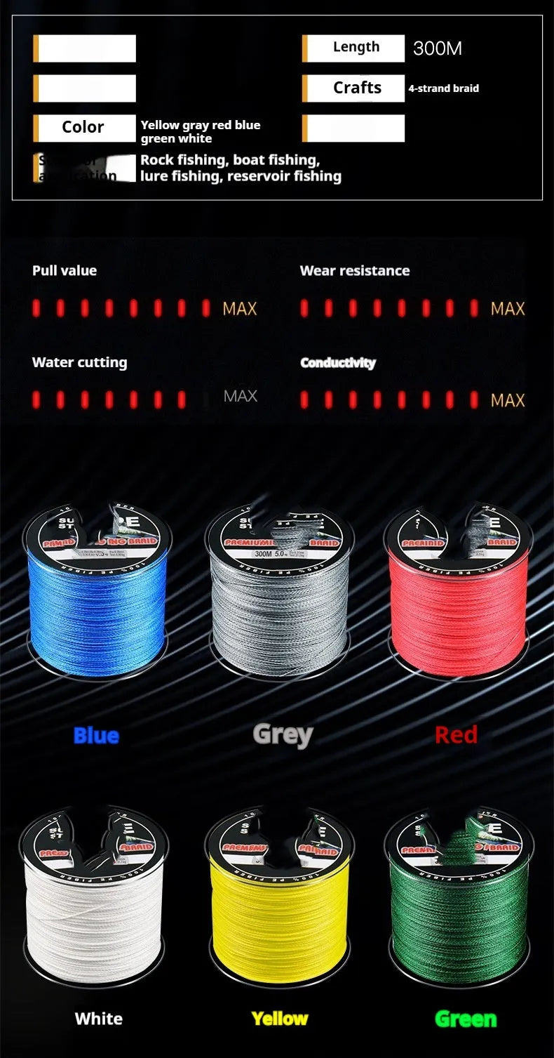 Spool of Dali Mayu 300 metre PE braided fishing line in a selected colour with labelled line strength.