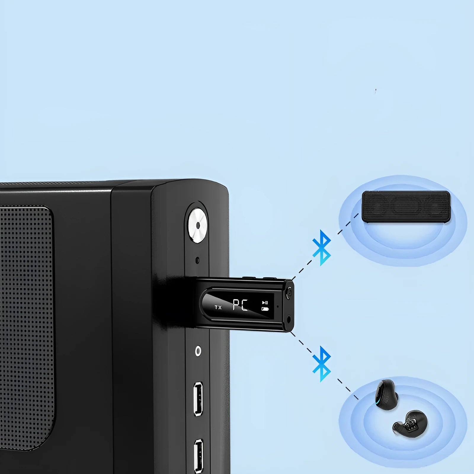 Black USB car FM Bluetooth receiver for wireless music playback and hands-free calls.