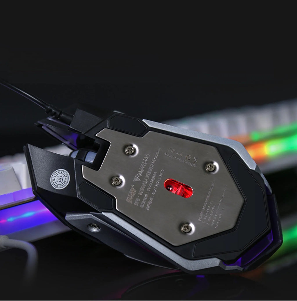 Colourful luminous wired USB mouse with ergonomic shape, 6 buttons, and 1.6m cable on a desk