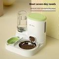 Automatic cat water fountain with integrated stainless steel double feeding bowl in avocado green colour