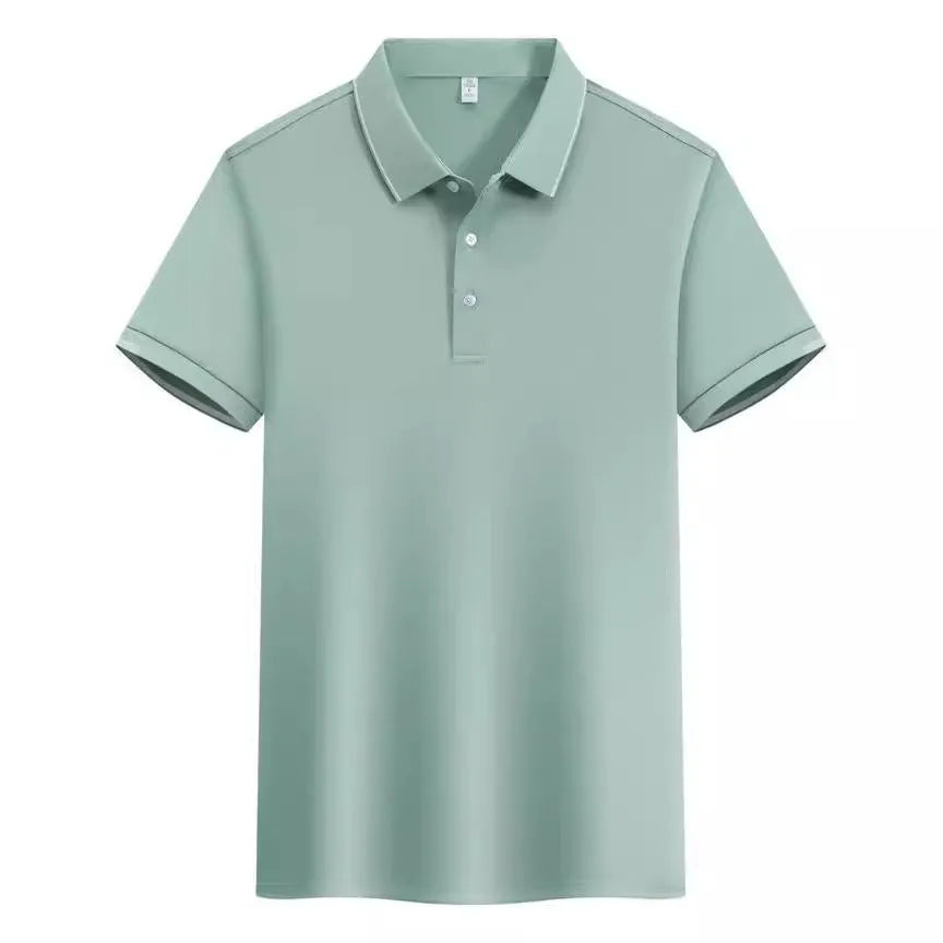 Loose fit cotton blend short sleeve polo shirt showing single-side colour secondary collar lapel detail.