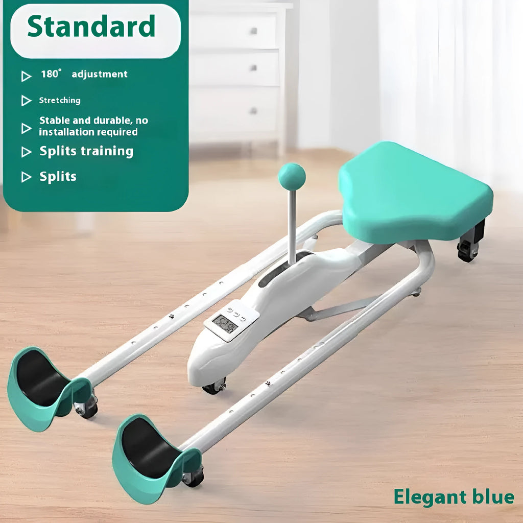 Pink leg stretching equipment with steel frame and foam padding for flexibility training
