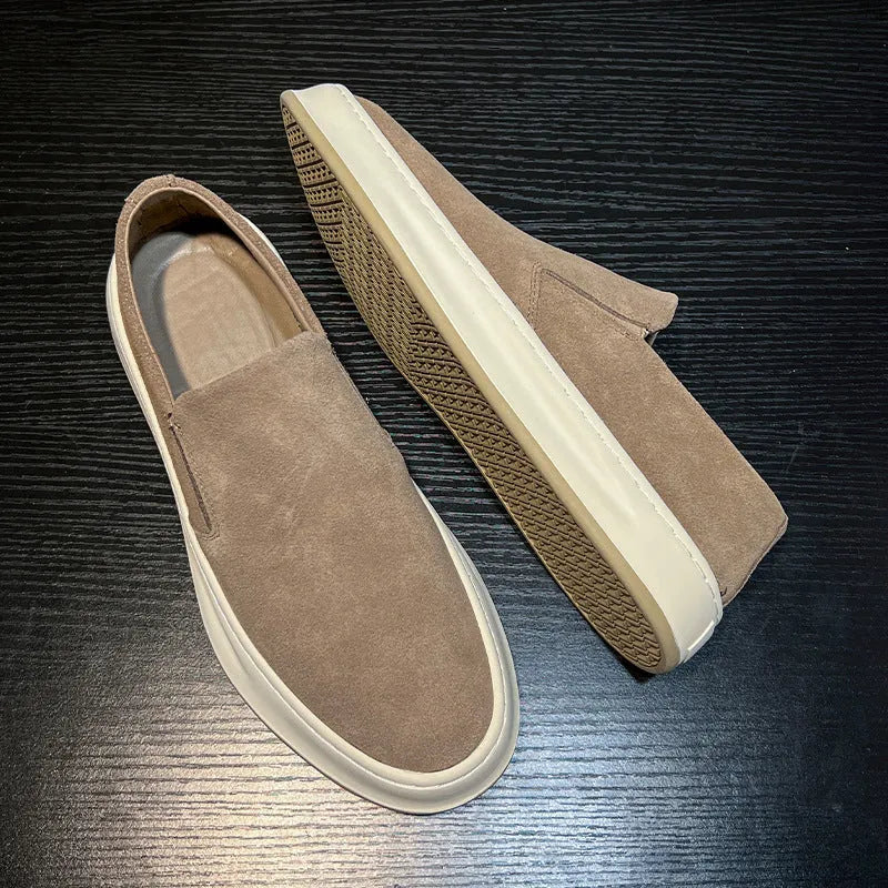 Men's grey and apricot casual shoes with round toe design and height increasing insoles