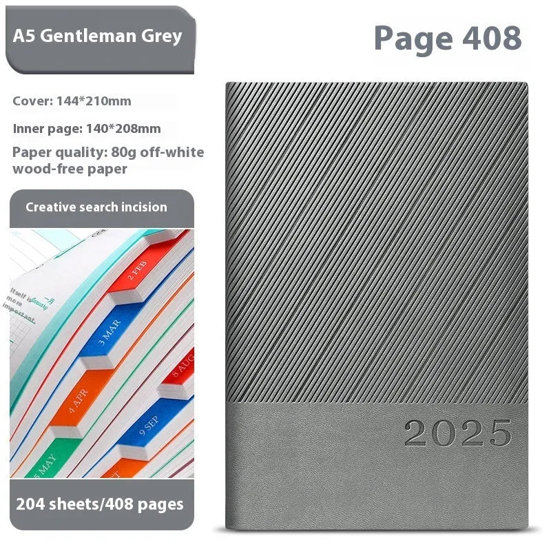 Office notepad with striped PU leather cover, open to show 80g paper with 204 sheet capacity